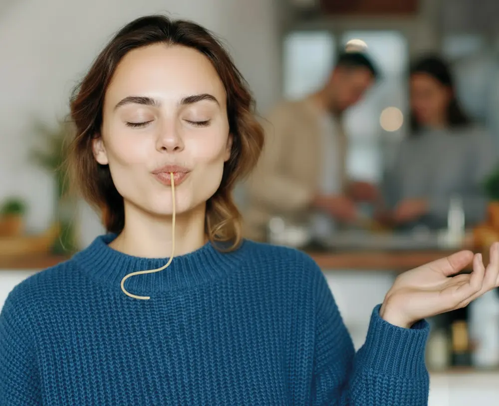 Frau genießt eine Spaghetti mit geschlossenen Augen, Symbol für Genuss und Lebensfreude in moderner Küche, Fokus auf kulinarische Momente.